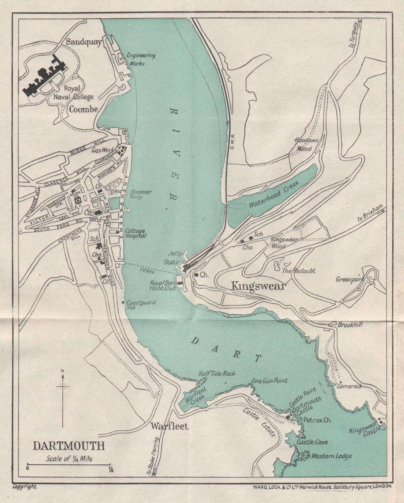 DARTMOUTH vintage tourist town city plan. Devon. WARD LOCK 1922 old map